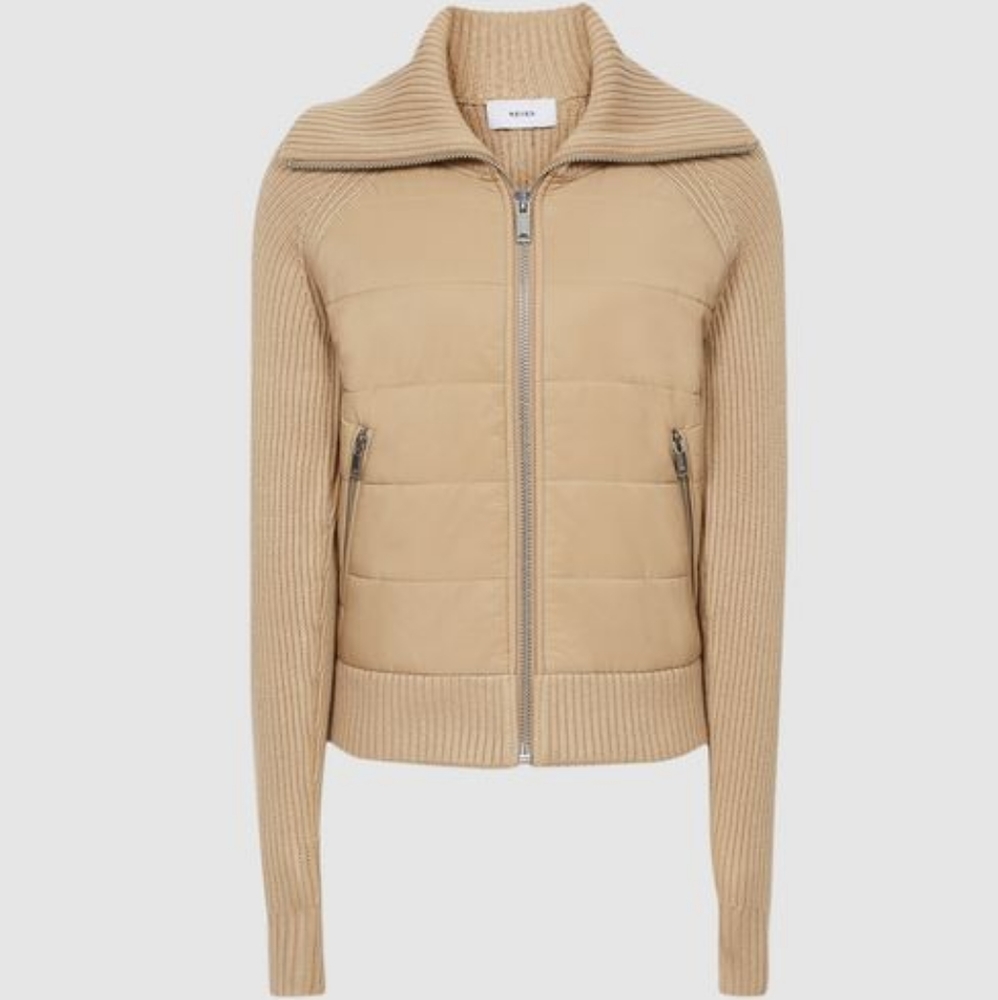 Reiss Beige Multi-Media Knit Zip-Up Funnel Neck Jacket - Picture 5 of 5